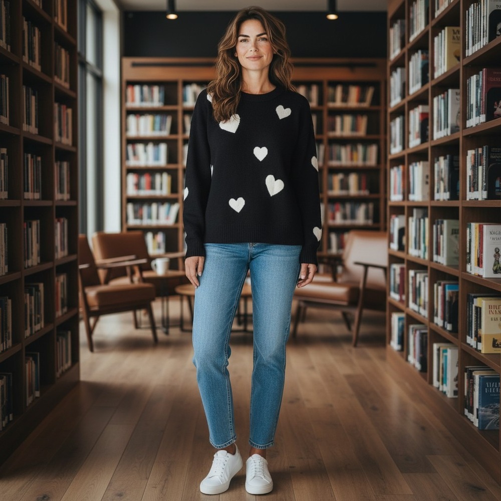 Black White Heart Intarsia Knit Crewneck Sweater Long Sleeve Pullover RN 75343 - Picture 1 of 6